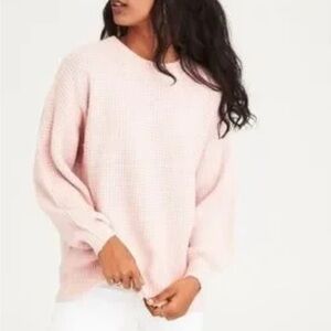 American Eagle Balloon Sleeves Cloudspun Waffle Knit Oversized Sweater in Pink